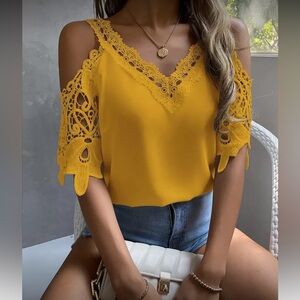 Boho Yellow Floral Lace Cold Shoulder Blouse
